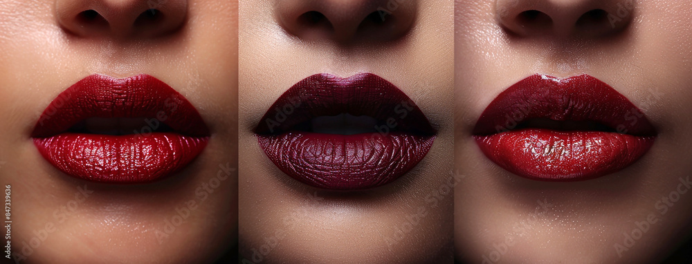 wide macro closeup photo of different beautiful woman lips with red color lipstick applied wide macro closeup photo of different beautiful woman lips with red color lipstick applied
