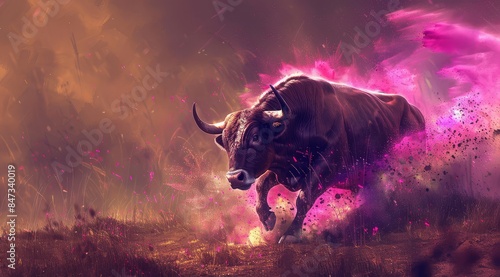 A strong and powerful bull is running through a field of flowers. The bull is surrounded by a colorful mist. The image is full of energy and movement.