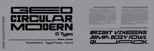 GEO CIRCULAR MODERN O TYPE SANS SERIF FONT ALPHABET LOGO REGULAR, OBLIQUE-ITALIC, geometric design and unique characters. An expanded typeface with bold, square contemporary design, for headlines. photo