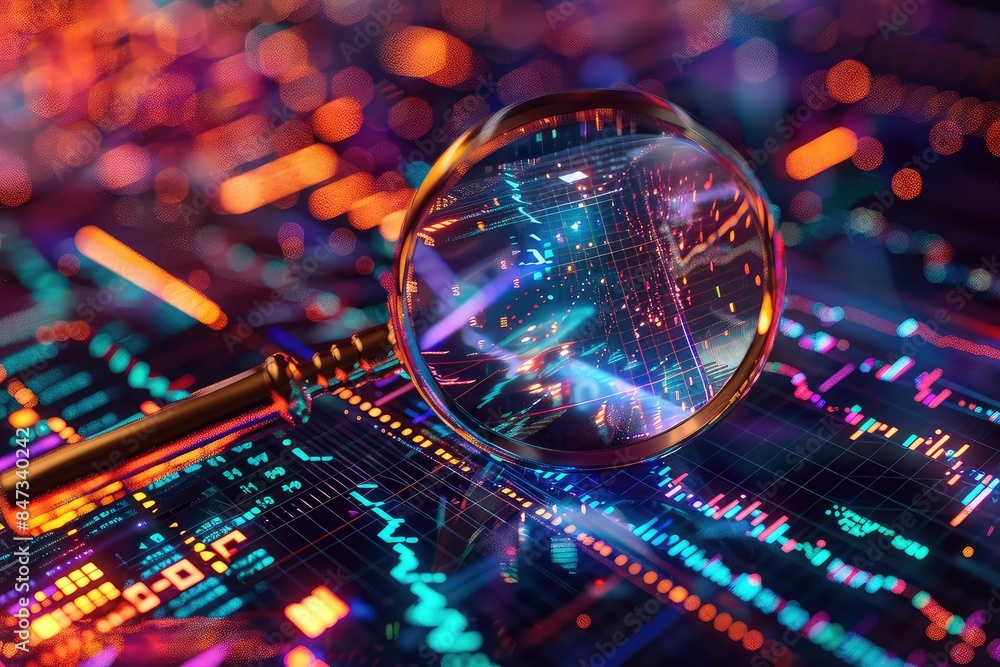 Magnifying glass over colorful circuit board. Magnifying glass over colorful circuit board.