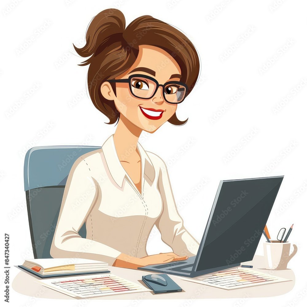 A businesswoman wearing glasses is sitting at her desk and working on her laptop. A businesswoman wearing glasses is sitting at her desk and working on her laptop.