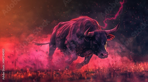 A digital painting of a bull running through a field of red flowers photo