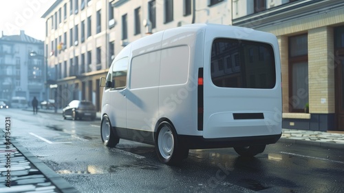 White Van on a Wet City Street
