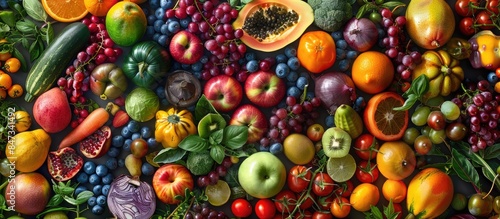 Backdrop created from a variety of fruits and vegetables. Concept showcasing food. Overhead perspective.