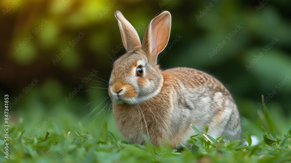 Fototapeta premium A rabbit is sitting in the grass, looking at the camera