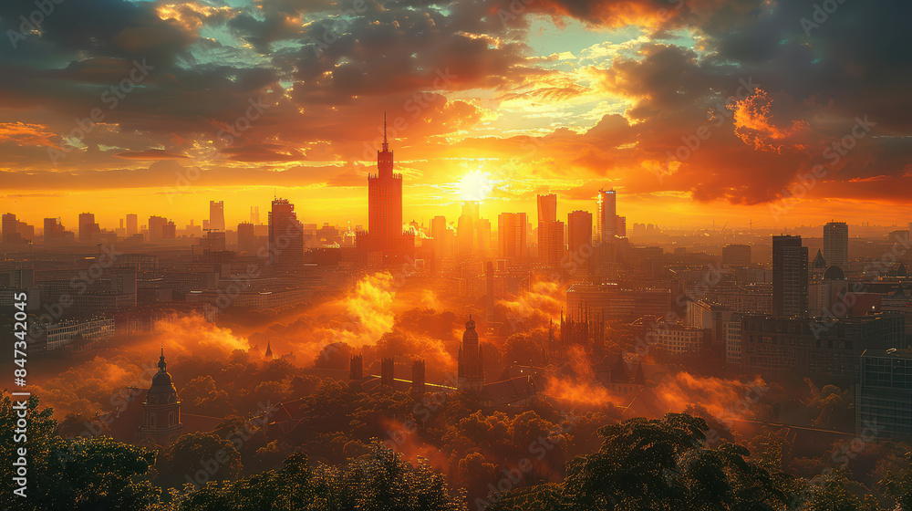 Fototapeta premium Warsaw, Poland city skyline created with Generative AI technology