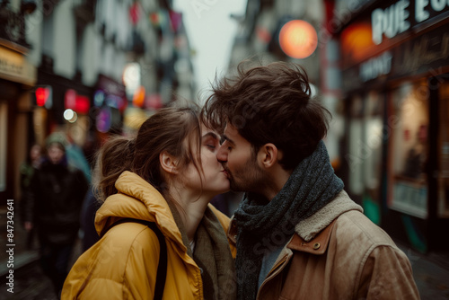 couple sharing a kiss in a busy street