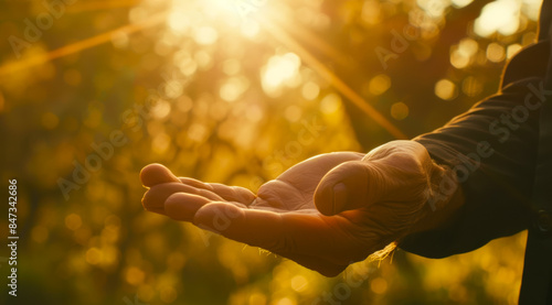 A hand is holding up in the air, with the sun shining on it