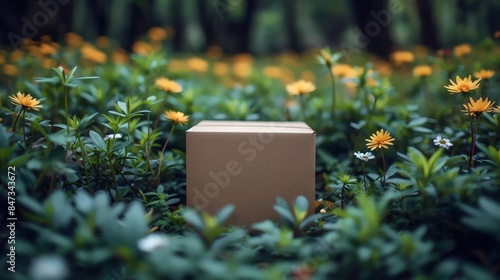 A brown cardboard box is sitting in a field of yellow flowers