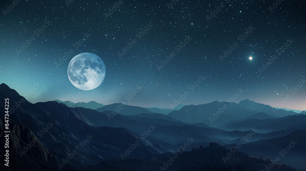 Moonlit night over mountain range with starry sky, serene and majestic
Moonlit night over mountain range with starry sky, serene and majestic