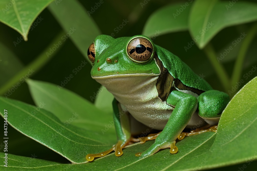 Fototapeta premium Emerald green tree frog on a vivid leaf