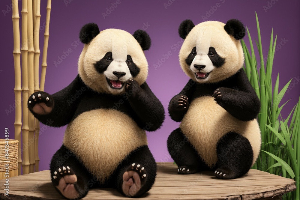A happy panda with bamboo on a purple background A happy panda with bamboo on a purple background