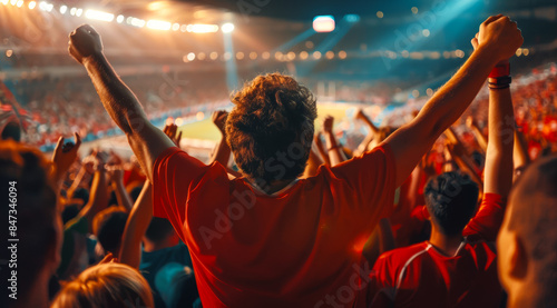 A man in a red shirt is holding his hands up in the air in a stadium, football fans at the championship or cup