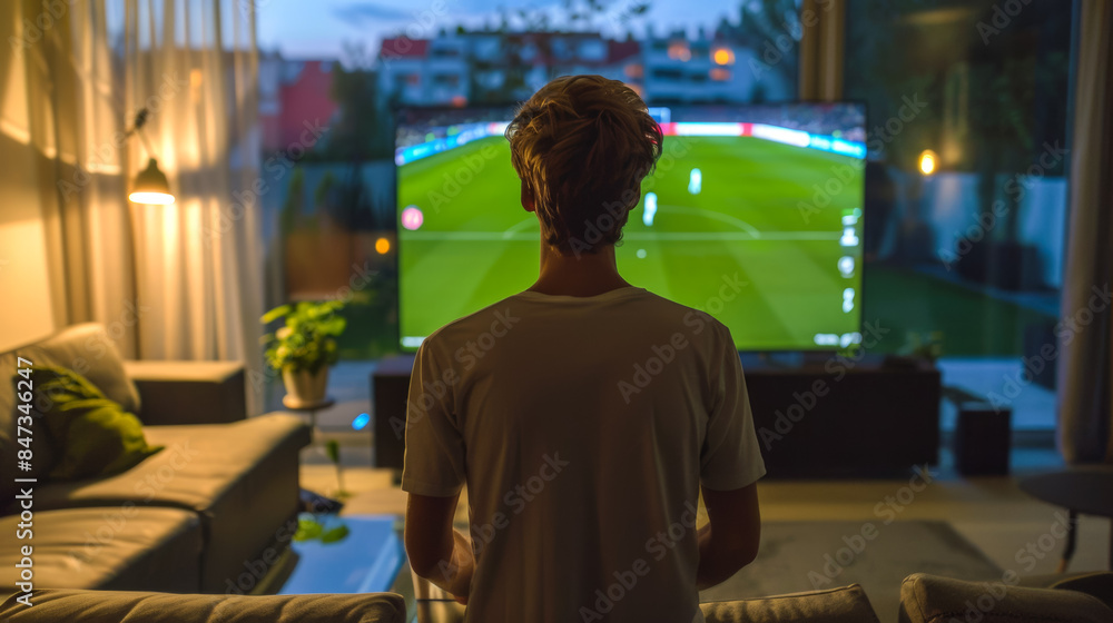 A man is watching a soccer game on a television in a living room, football fan watching championship or cup A man is watching a soccer game on a television in a living room, football fan watching championship or cup