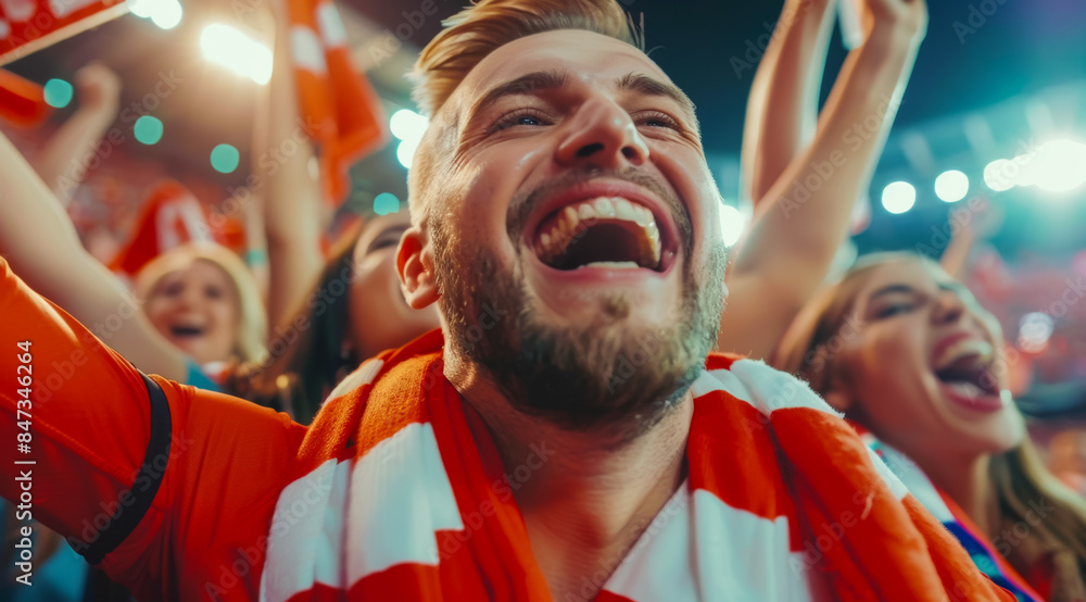 A man is smiling and holding a red and white striped scarf, football fans at the championship or cup A man is smiling and holding a red and white striped scarf, football fans at the championship or cup