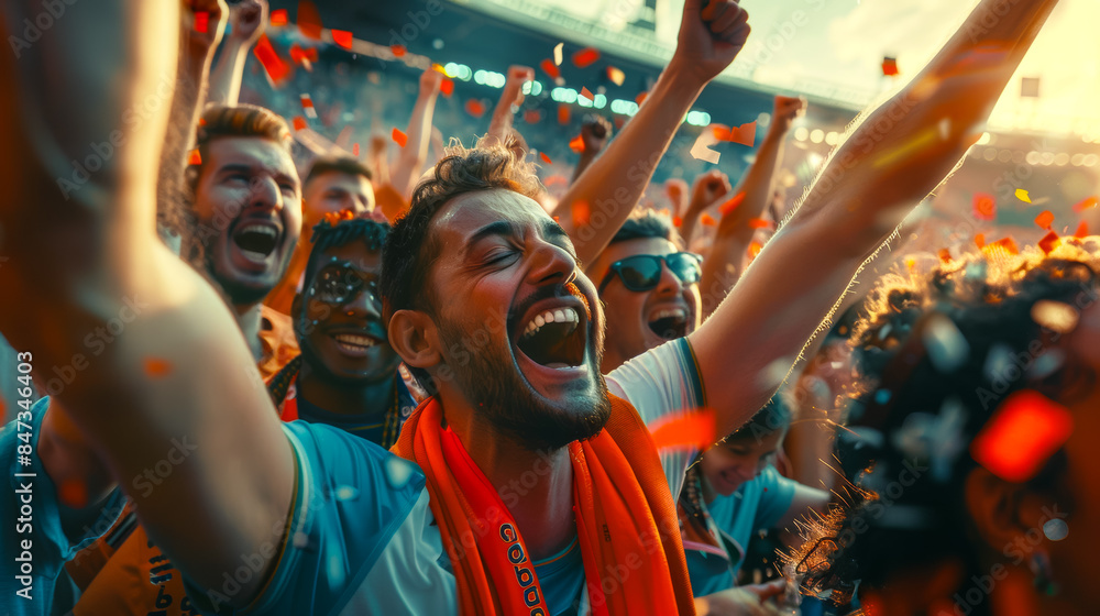 A group of people are celebrating in a stadium, football fans at the championship or cup A group of people are celebrating in a stadium, football fans at the championship or cup
