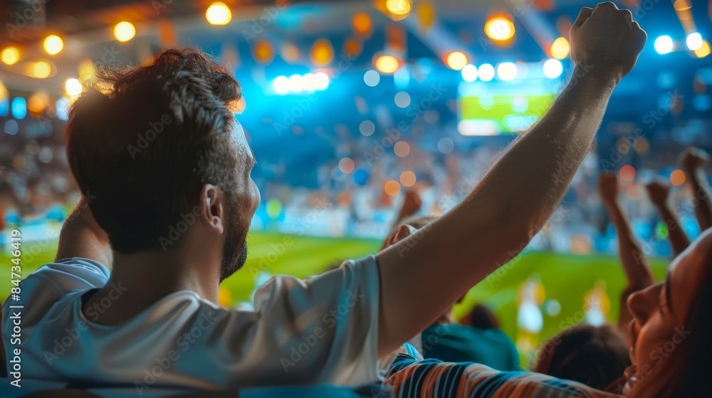 Obraz premium A man is sitting in a stadium watching a soccer game, football fans at the championship or cup