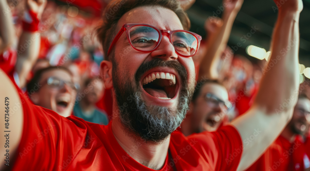 A man in a red shirt is smiling, football fans at the championship or cup A man in a red shirt is smiling, football fans at the championship or cup