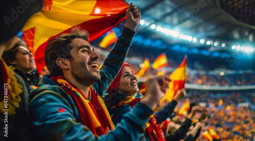 A man holding a flag in a stadium full of people, football fans at the championship or cup