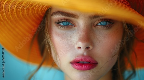 Close-up portrait of a woman with vivid blue eyes, freckles, and an orange sun hat casting a shadow on her face © familymedia