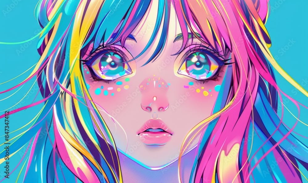 Vibrant Anime Girl with Multicolored Hair
