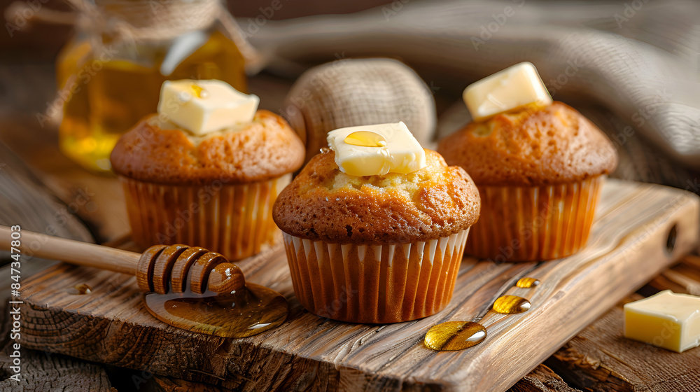 Fast food muffins served with a side of butter and honey, presented on a rustic wooden board Fast food muffins served with a side of butter and honey, presented on a rustic wooden board