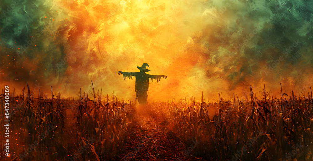 Fototapeta premium A scarecrow stands in a field of corn with a bright orange sky in the background