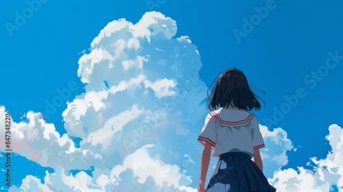 Girl in Sailor Uniform Looking at Clouds