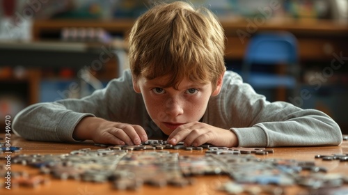 Close up of skilled elementary student looking jigsaw while looking at camera. Attractive children working, playing, solving puzzle while colorful jigsaw scatter around at blurring background. AIG42.