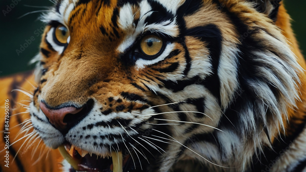 Naklejka premium Powerful strong predator Orange Tiger:stripes, jungle, wildlife, predator, feline, endangered, roar,nature