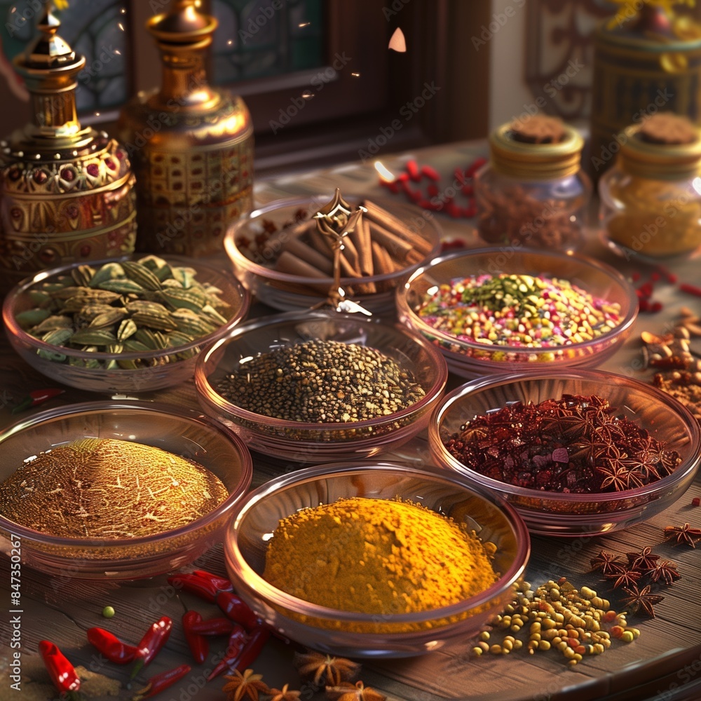 Various spices are arranged in small glass bowls on a wooden table, ready for use in cooking Various spices are arranged in small glass bowls on a wooden table, ready for use in cooking