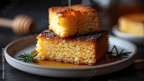 A plate of honey cake with a honey drizzle photo
