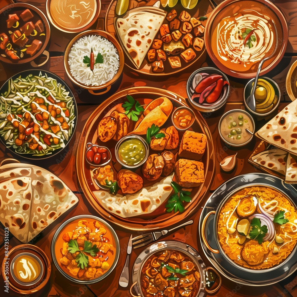 A variety of Indian dishes are arranged on a wooden table, including curries, rice, flatbreads, and sauces A variety of Indian dishes are arranged on a wooden table, including curries, rice, flatbreads, and sauces