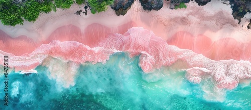 A stunning aerial shot of a pink sand beach surrounded by vibrant deep blue waters and crashing white waves, perfect for a summer getaway with ample space for travel and vacation themes.