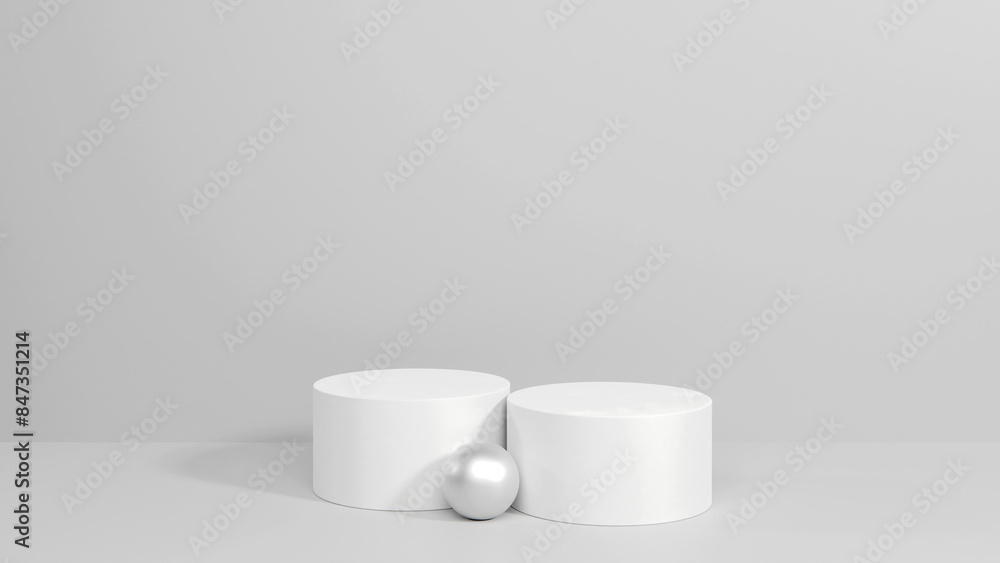 Background for product showcasing. Two white cylindrical stand on a gray background. 3D rendering. Background for product showcasing. Two white cylindrical stand on a gray background. 3D rendering.