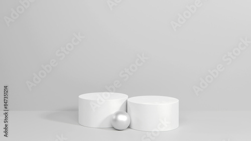 Background for product showcasing. Two white cylindrical stand on a gray background. 3D rendering.