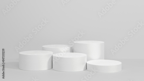 Background for product showcasing. Five white cylindrical stand on a gray background. 3D rendering.