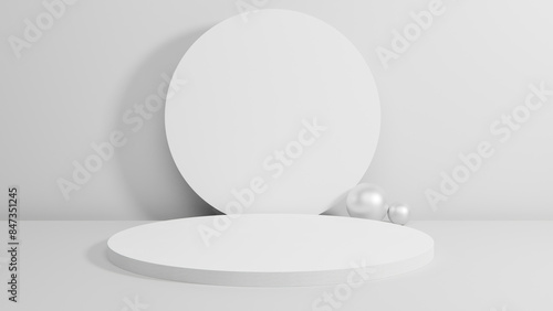 Background for product showcasing. One white cylindrical stand on a gray background. 3D rendering.