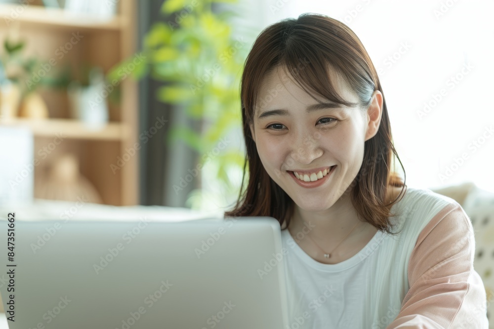 Smiling Woman Using Laptop at Home