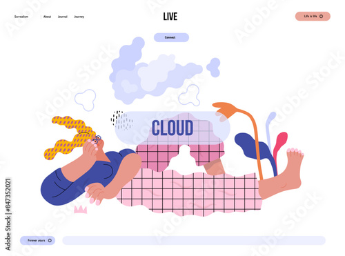 Life Unframed: Cloud dreamer -modern flat vector concept illustration of a girl watching clouds. Metaphor of unpredictability, imagination, whimsy, cycle of existence, play, growth and discovery