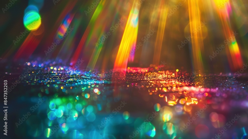 Defocused Rainbow Crystal Light Leaks: Blurred Multicolored Retro Film Lens Flare on Black Background Defocused Rainbow Crystal Light Leaks: Blurred Multicolored Retro Film Lens Flare on Black Background