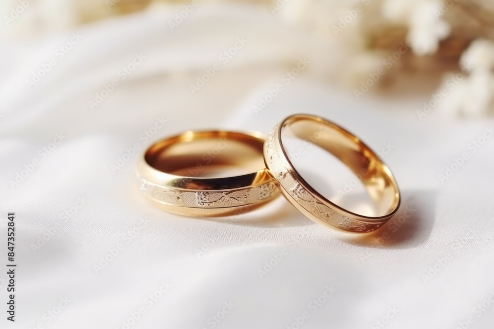 Wedding rings, close-up on a light background with flowers.postcard or invitation to a celebration. Wedding rings, close-up on a light background with flowers.postcard or invitation to a celebration.