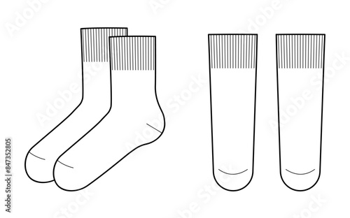 Crew Socks length set. Fashion hosiery accessory clothing technical illustration stocking. Vector front, side view for Men, women, unisex style, flat template CAD mockup sketch outline isolated