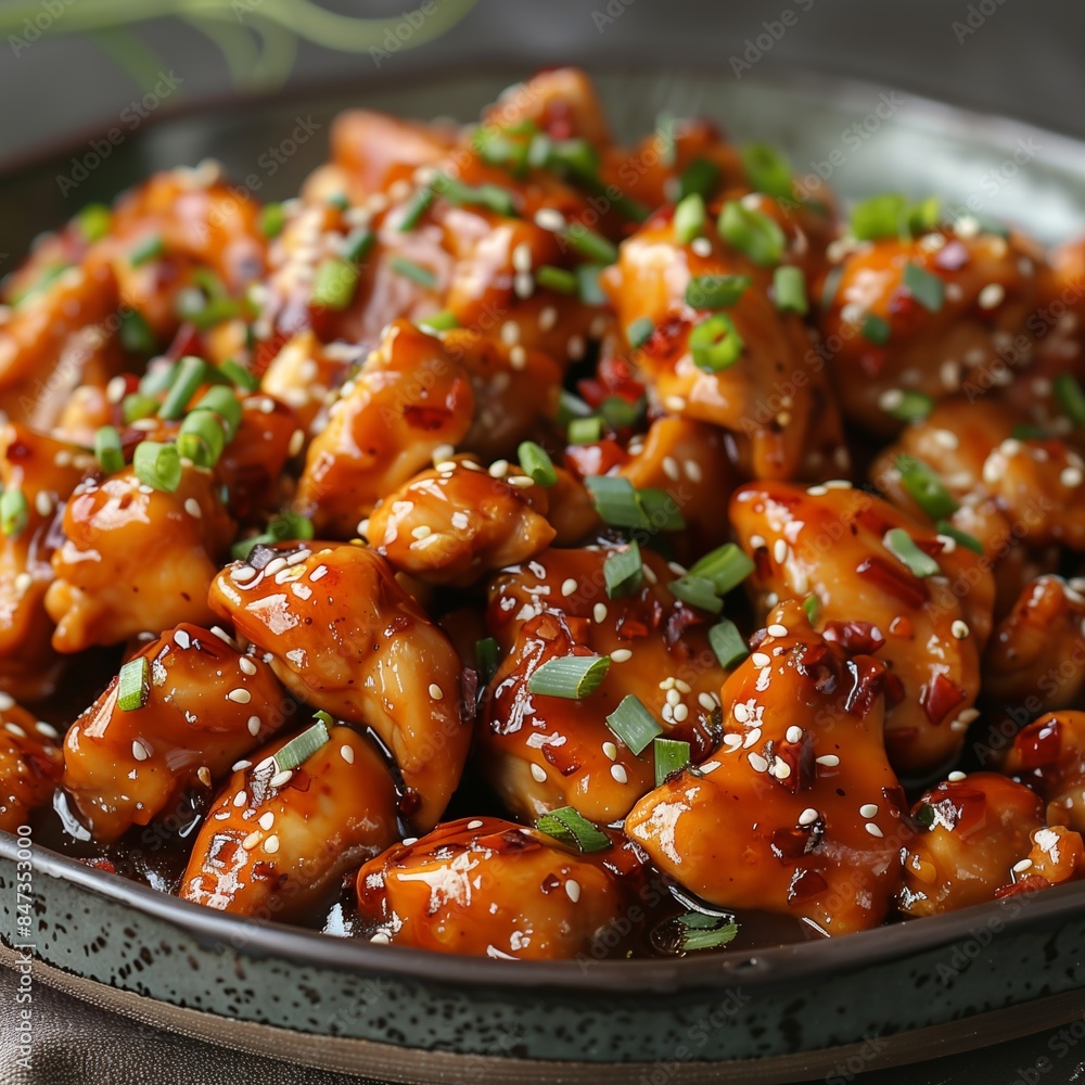 A plate of chicken coated in a sweet and spicy Szechuan sauce, garnished with sesame seeds and green onions A plate of chicken coated in a sweet and spicy Szechuan sauce, garnished with sesame seeds and green onions