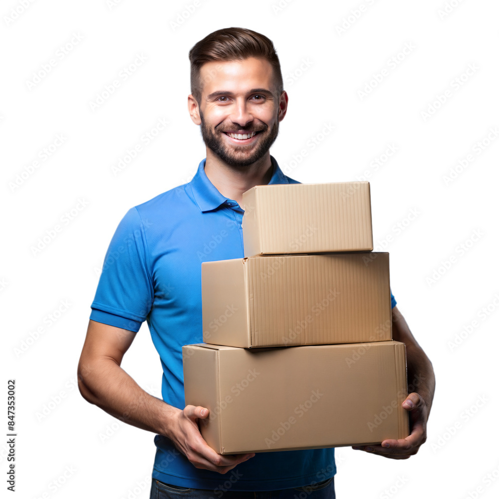 Smiling delivery man holding stacked cardboard boxes on transparent background Smiling delivery man holding stacked cardboard boxes on transparent background