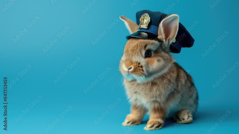 Obraz premium A cute brown rabbit wearing a police hat is sitting on a blue background.