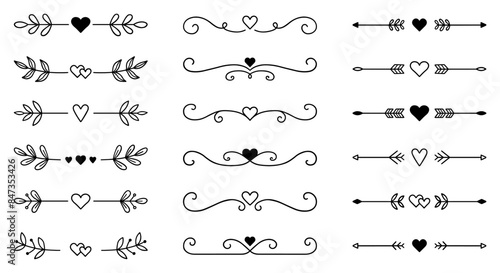 Text dividers with hearts doodle set. Wedding decorative elements. Divider ornament, borders, arrows. Hand drawn vector illustration isolated on white background