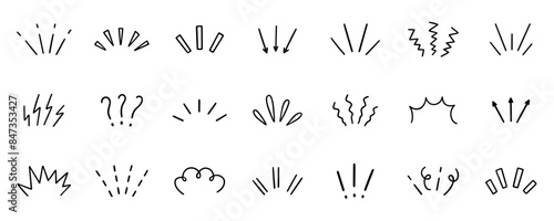 Comic Expression sign, Anime manga doodle set. Japanese decorative lines, shock, character emotion symbols, movement in sketch style. Hand drawn vector illustration isolated on white background