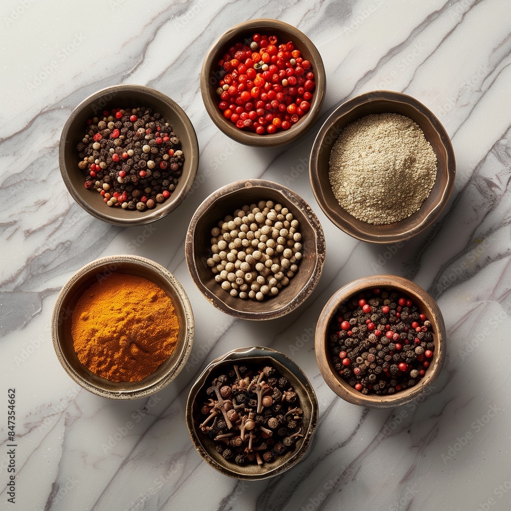 A close-up of assorted spices in small wooden bowls on a white marble surface A close-up of assorted spices in small wooden bowls on a white marble surface