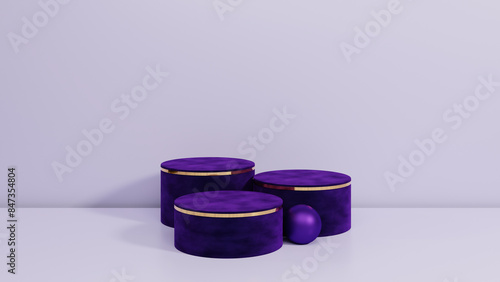 Background for product showcasing. Three violet cylindrical stand on a light purple background. 3D rendering.